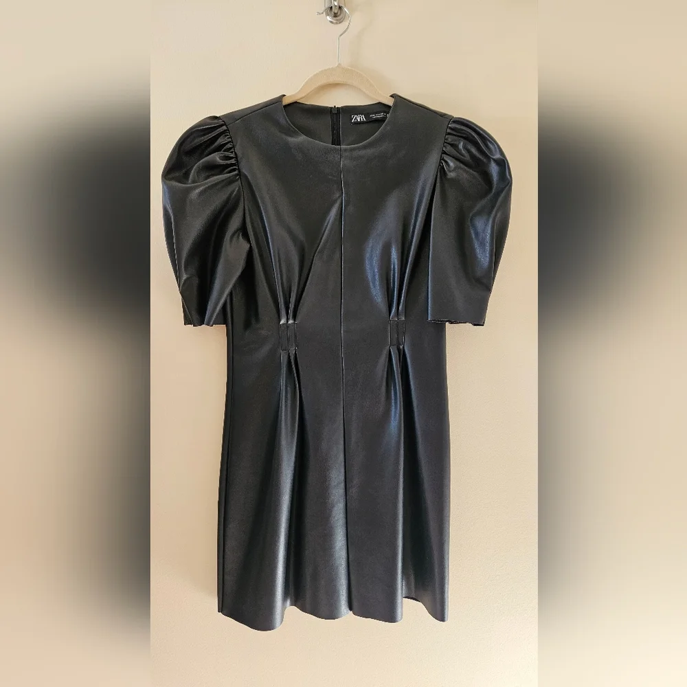 ZARA Black Leather Puff Sleeve Mini Dress Stretch Size Medium - Picture 3 of 13